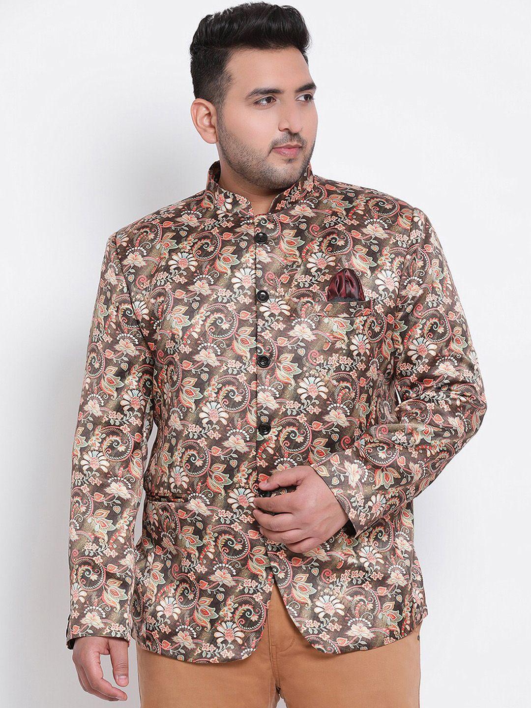 hangup plus men brown & green printed bandhgala ethnic blazer