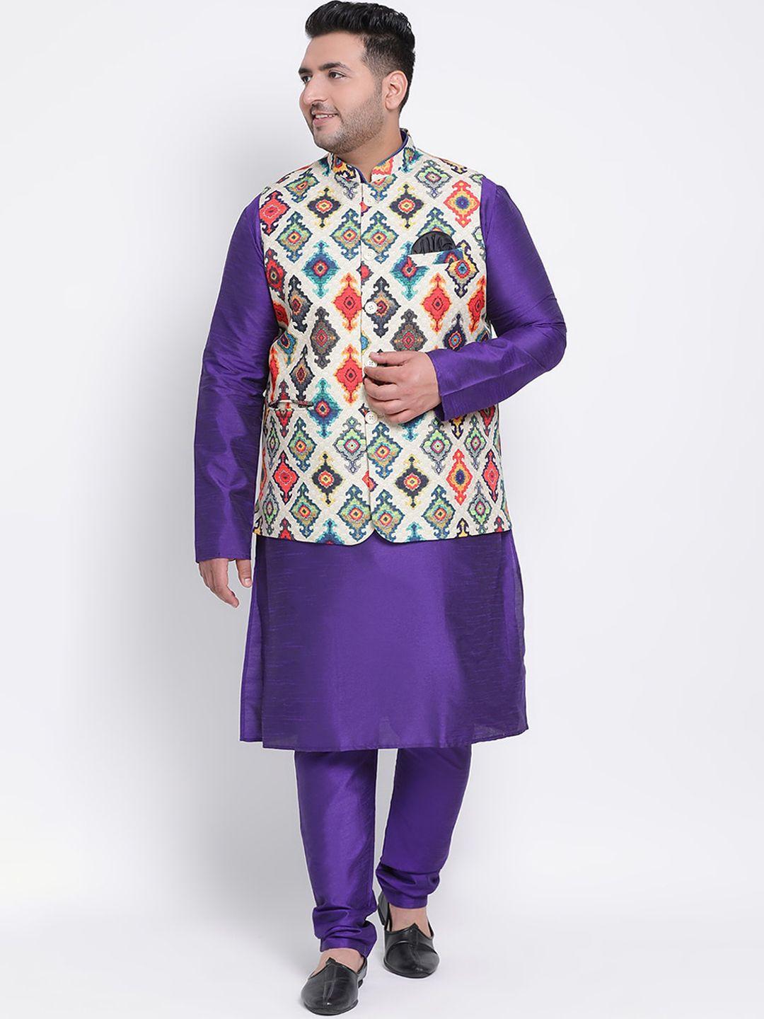 hangup plus men multicoloured dupion silk kurta with churidar & nehru jacket