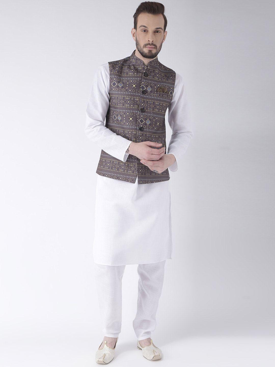 hangup trend kurta with pyjamas & geomertic printed nehru jacket