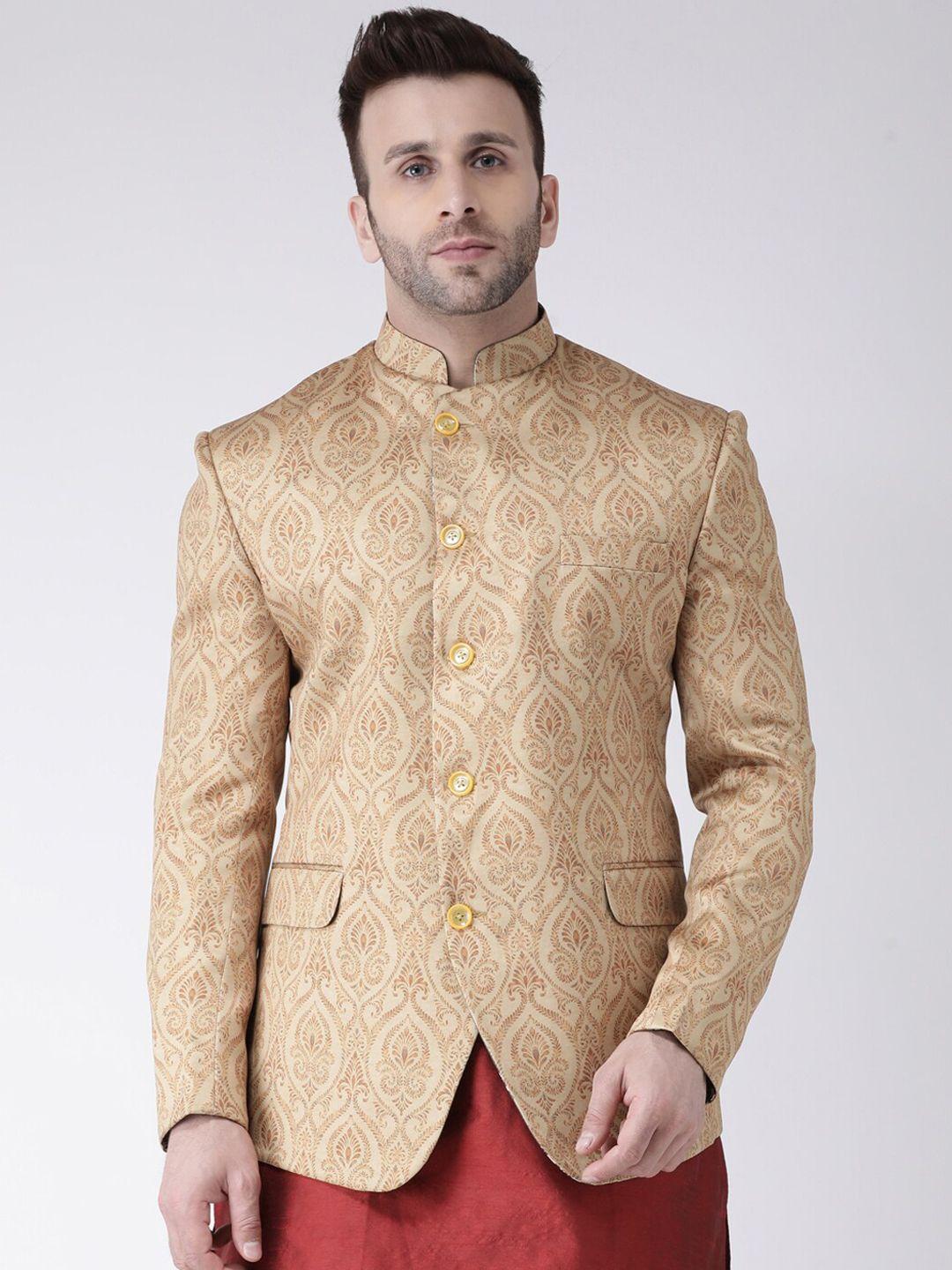 hangup trend men beige & brown printed regualr fit single breasted ethnic blazer
