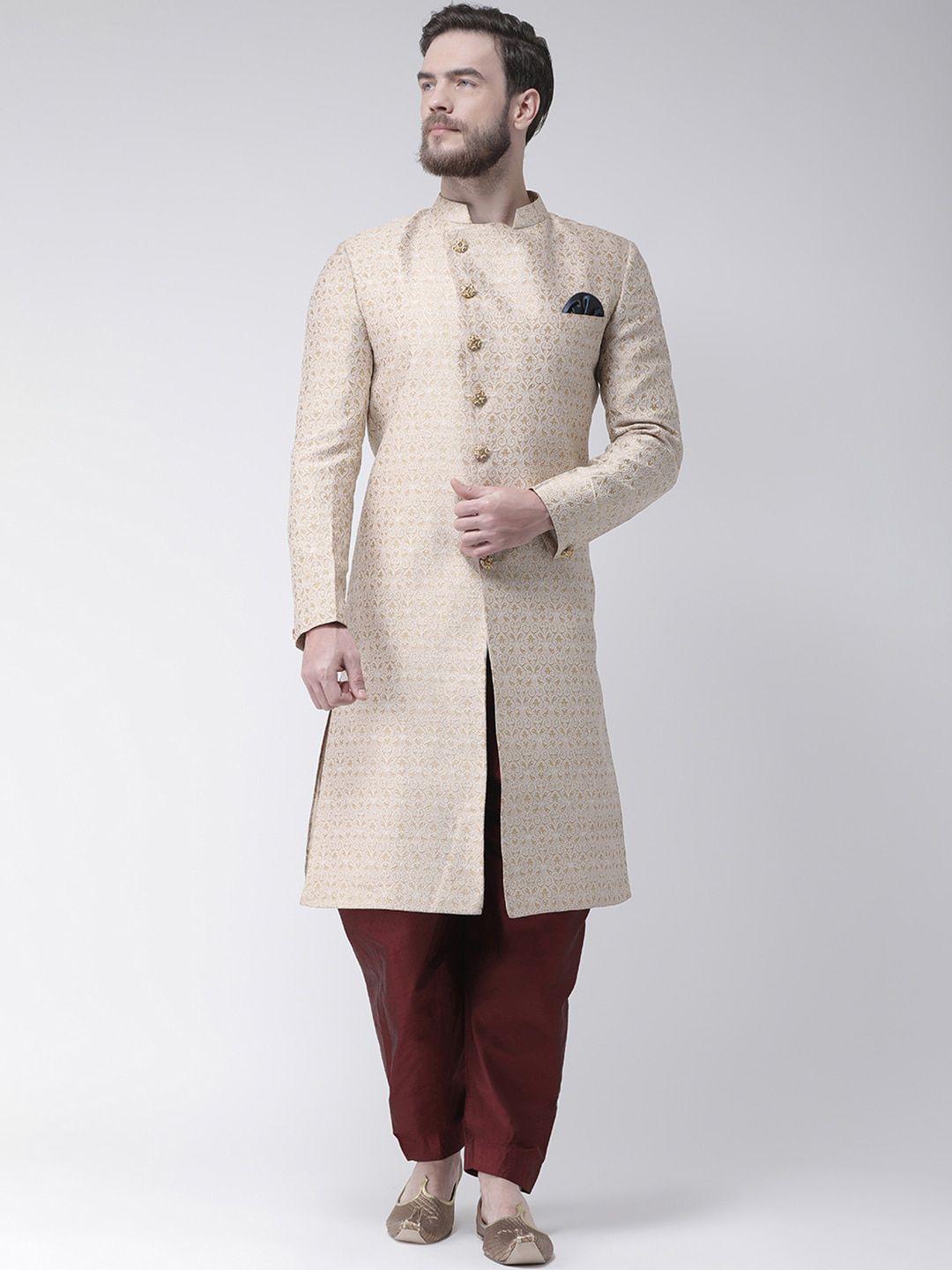hangup trend men beige & maroon printed sherwani with dhoti pant set