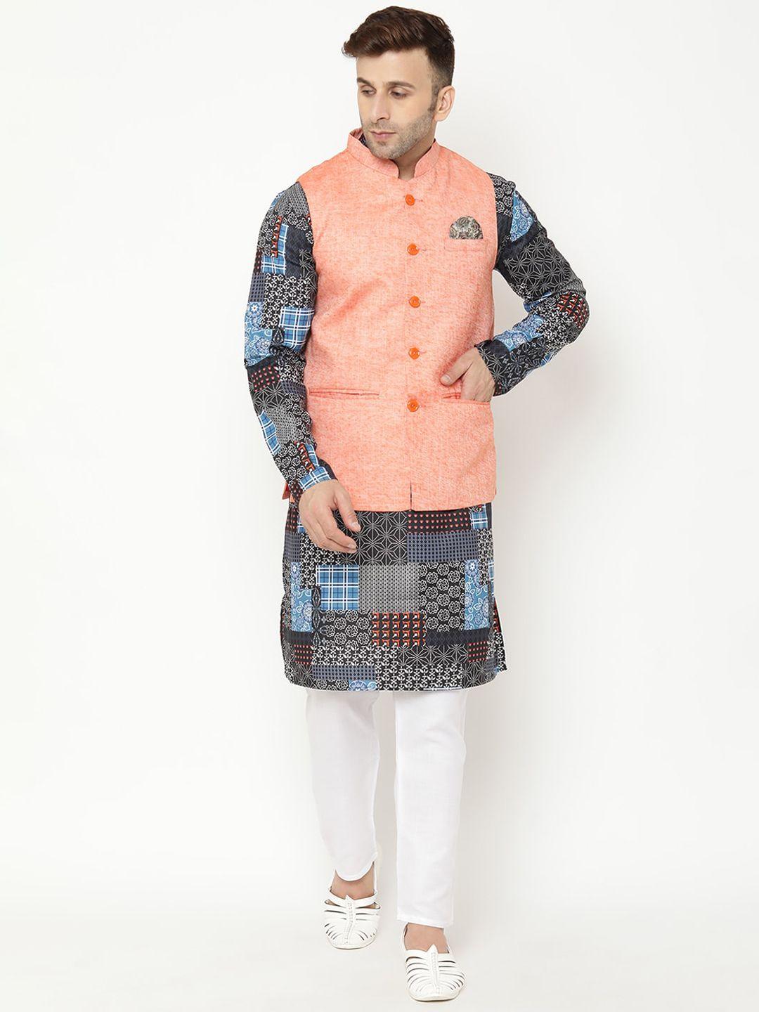 hangup trend men black & coral printed straight kurta with pyjamas & with nehru jacket