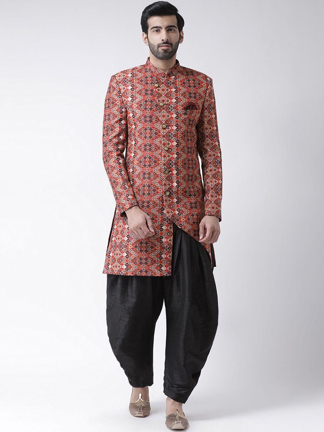hangup trend men black & maroon printed sherwani set
