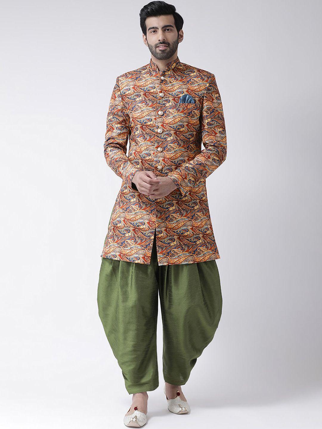 hangup trend men brown & green printed sherwani