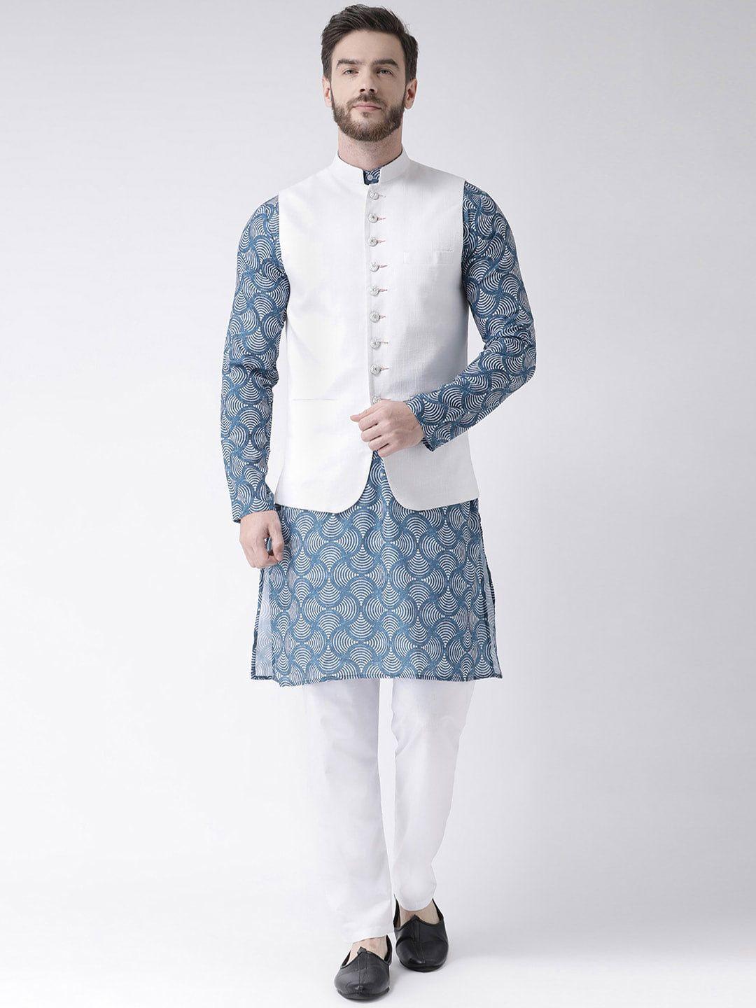 hangup trend men ethnic motifs printed kurta with pyjamas & nehru jacket set