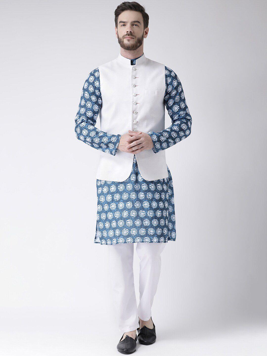 hangup trend men ethnic motifs printed pure cotton kurta & churidar with jacket