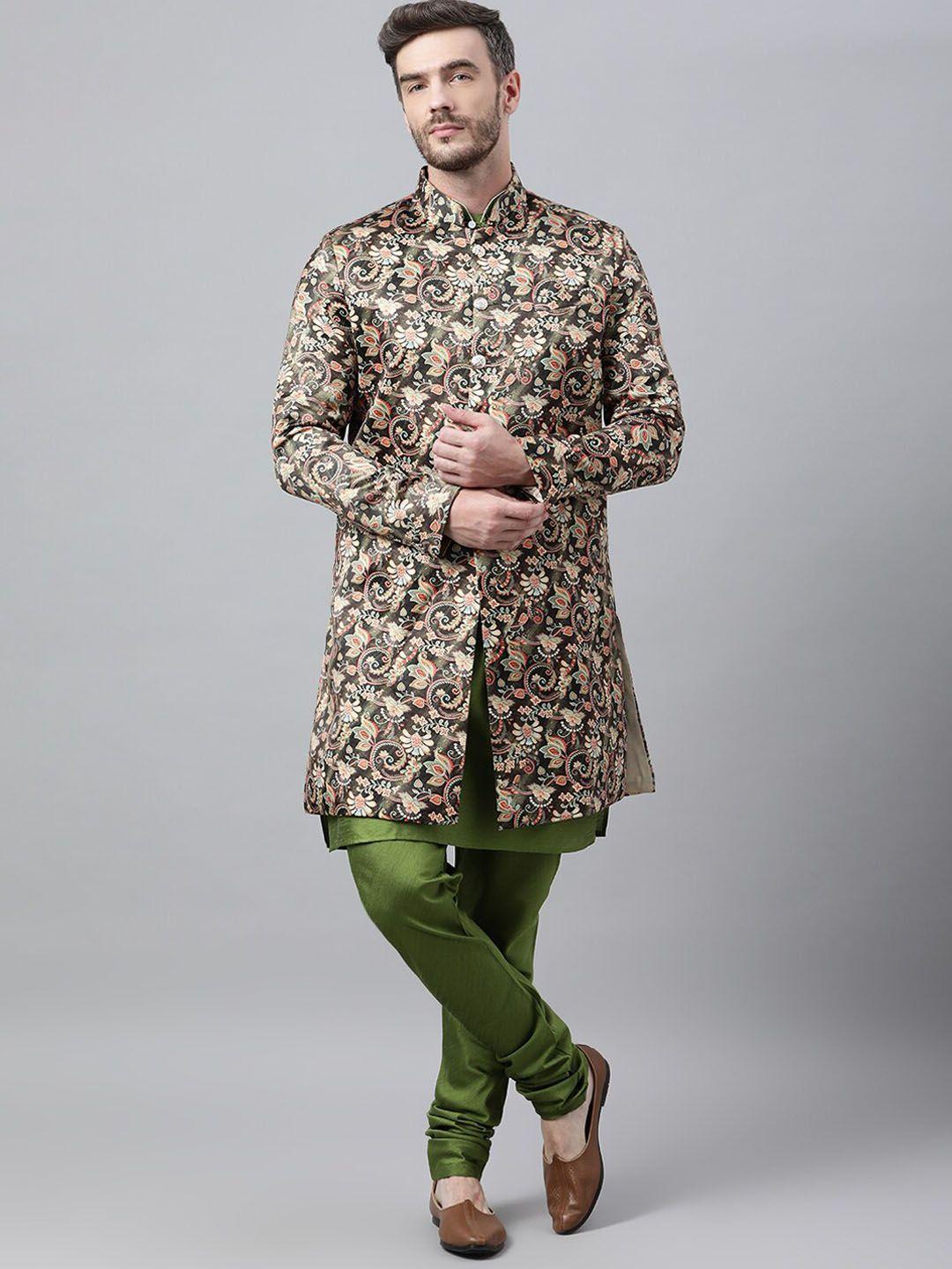 hangup trend men green & beige printed long sleeves sherwani set