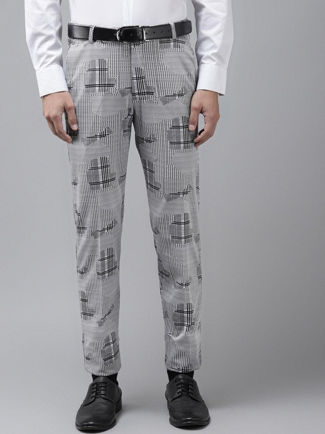 hangup trend men grey & black regular fit houndstooth print regular trousers