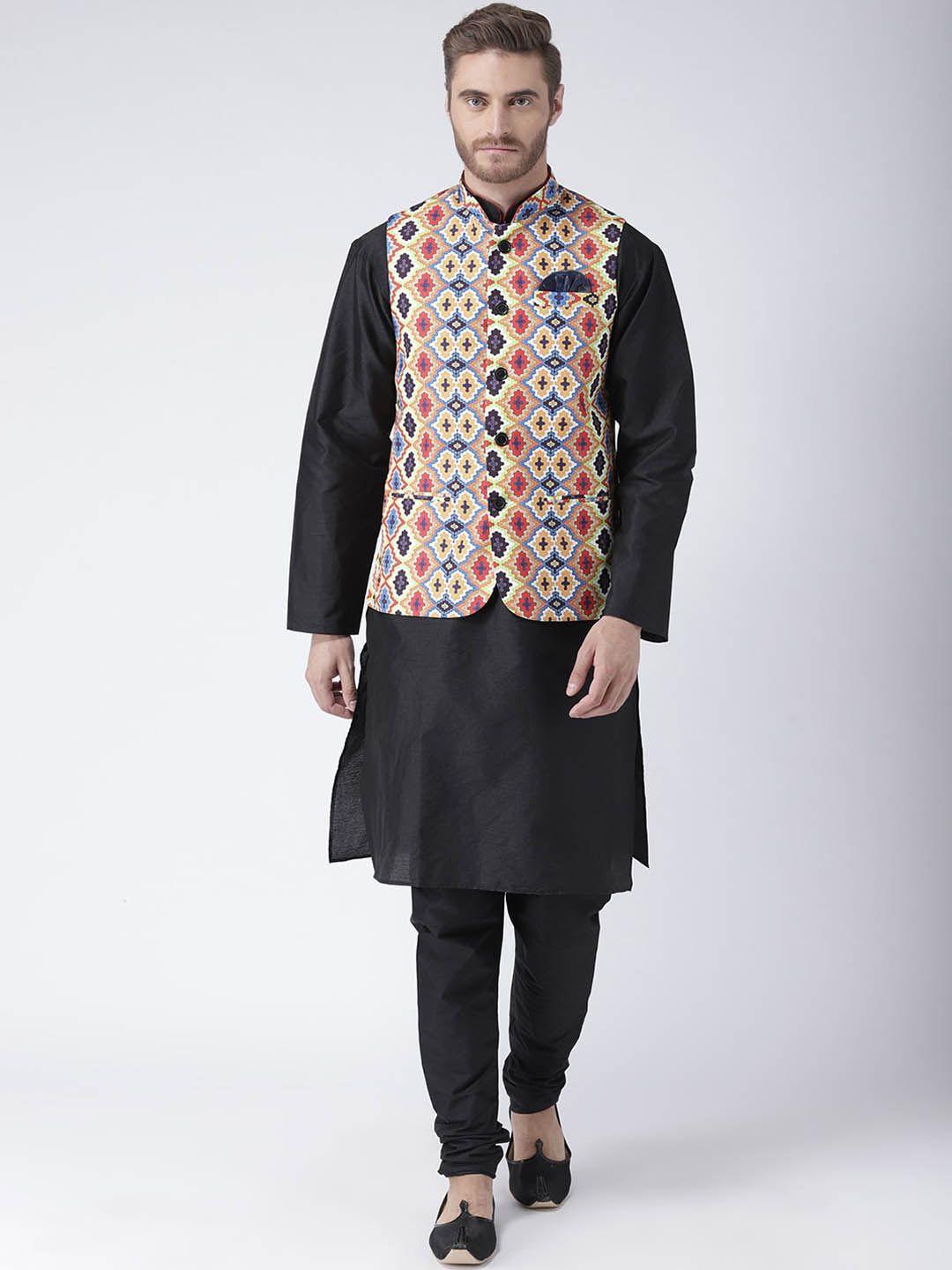 hangup trend men linen straight kurta with churidar & with printed nehru jacket