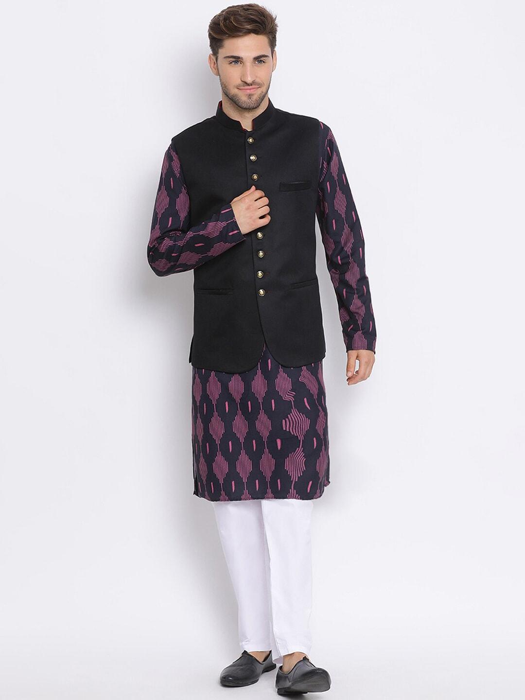 hangup trend men mandarin collar printed kurta & pyjamas with nehru jacket