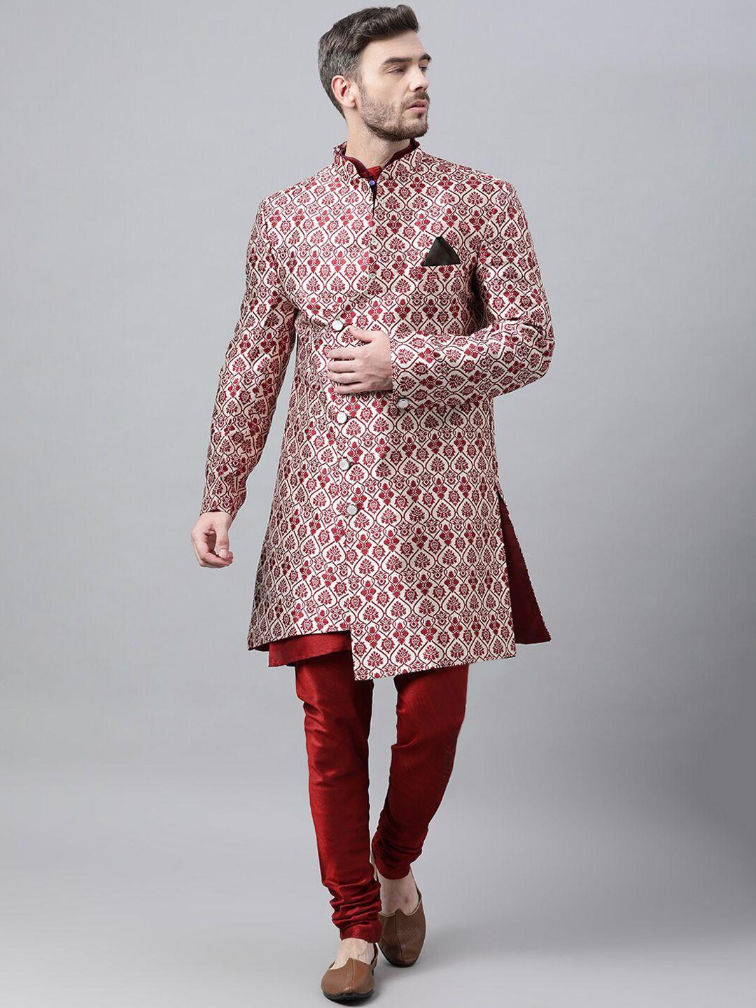 hangup trend men maroon & white woven design sherwani set