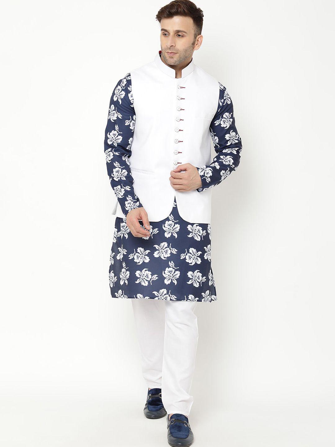 hangup trend men navy blue floral printed kurta with churidar