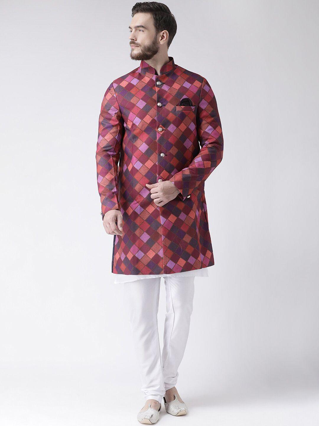 hangup trend men red & purple printed kurta pyjama sherwani set
