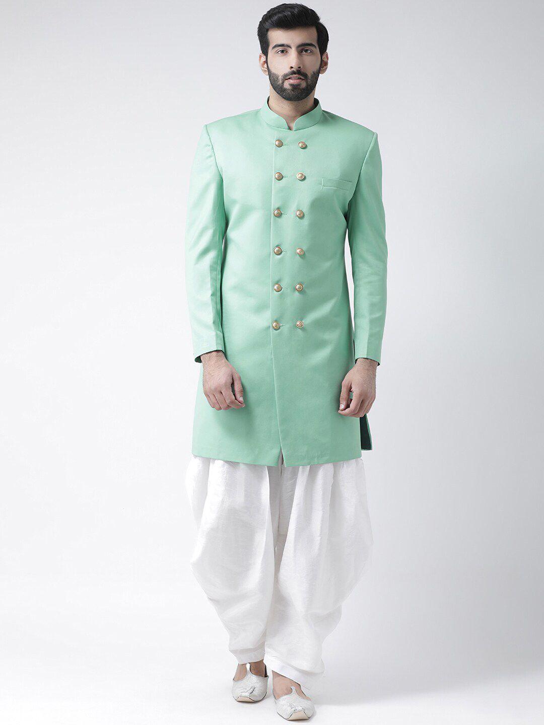hangup trend men sea green & white solid sherwani set