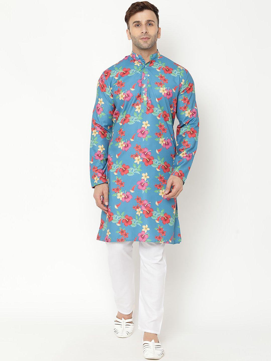 hangup trend men turquoise blue floral printed kurta with churidar