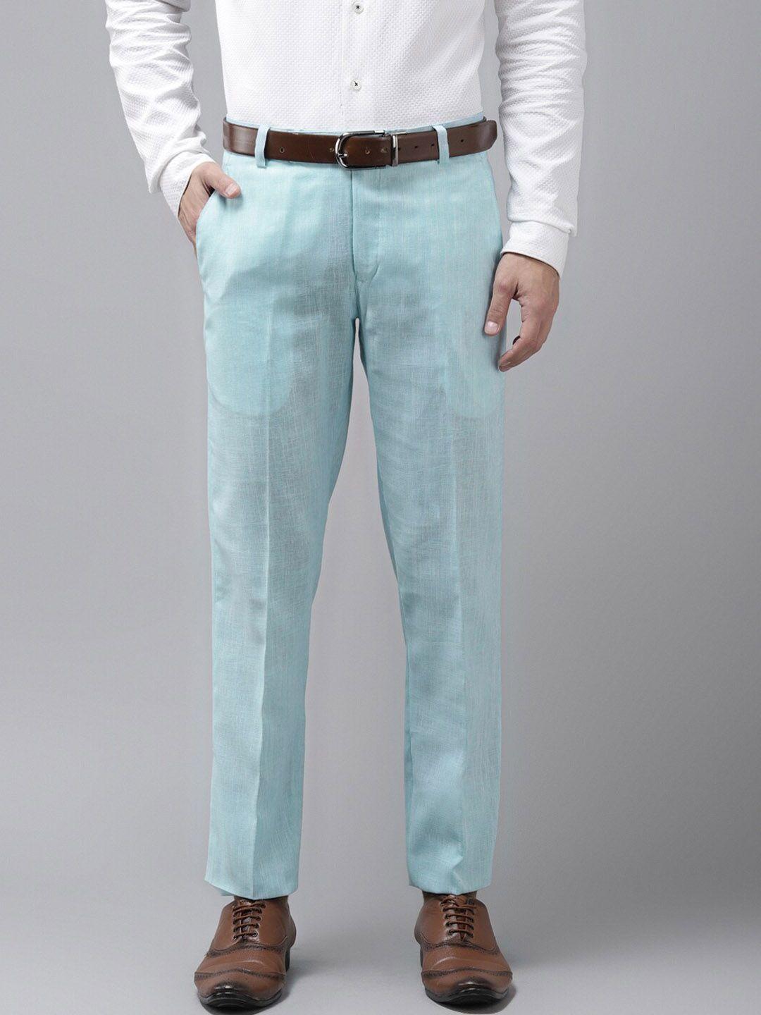 hangup trend men turquoise blue regular fit solid cotton linen regular trousers