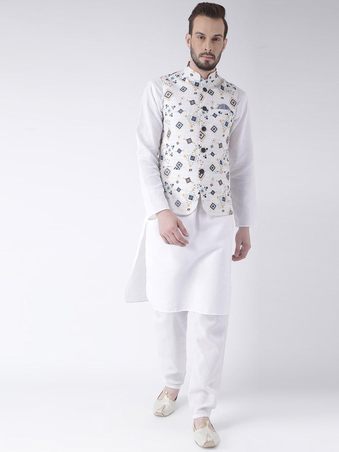 hangup trend men white printed pure cotton kurta with pyjamas & nehru jacket