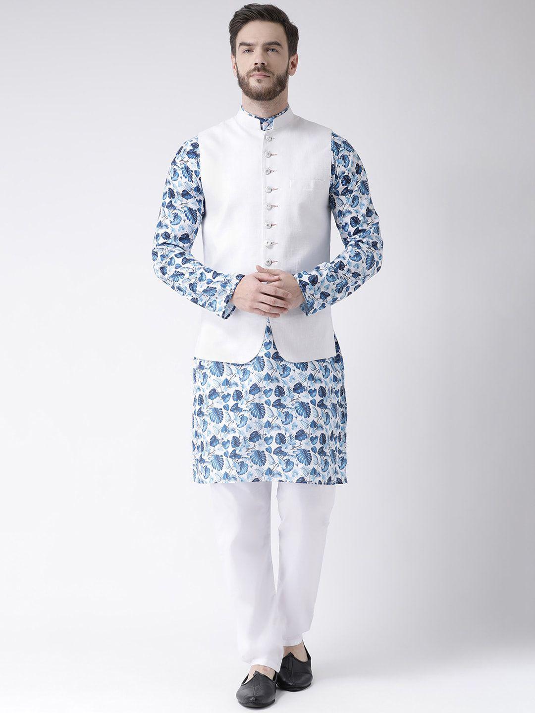 hangup trend men white printed pure cotton kurta with pyjamas