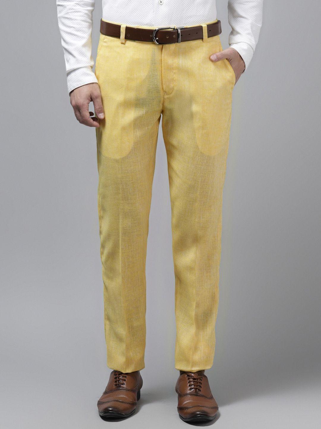 hangup trend men yellow regular fit self design cotton linen regular trousers