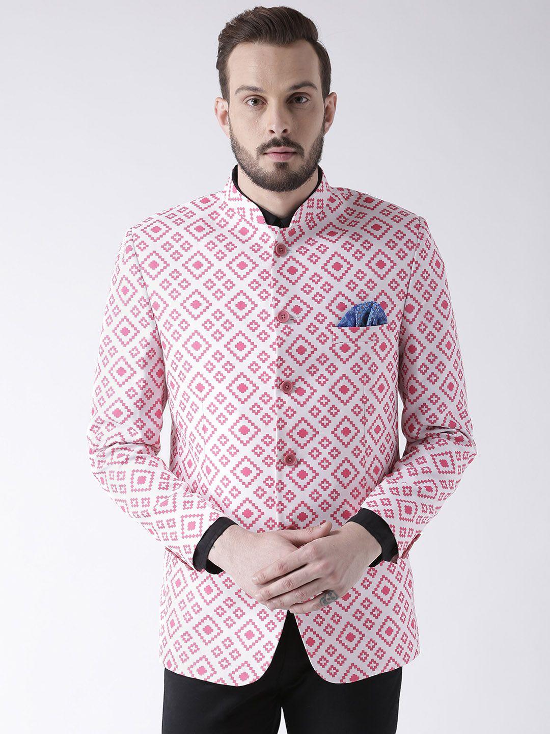 hangup white & pink printed slim fit bandhgala blazer