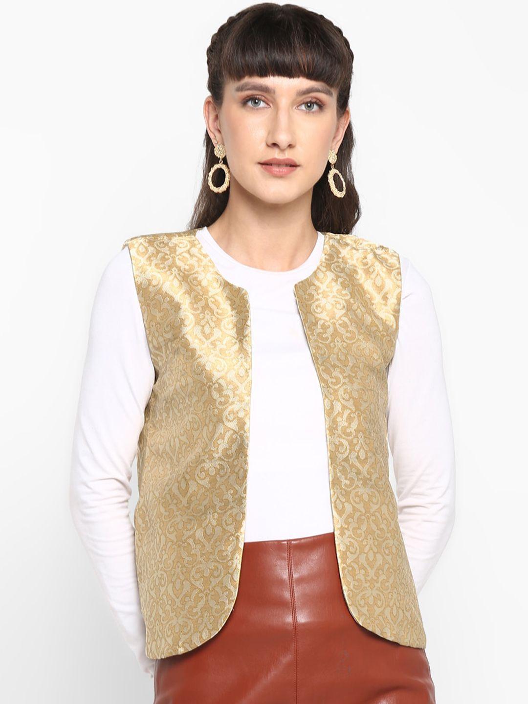 hangup women beige & golden printed moisture absorbent open front jacket