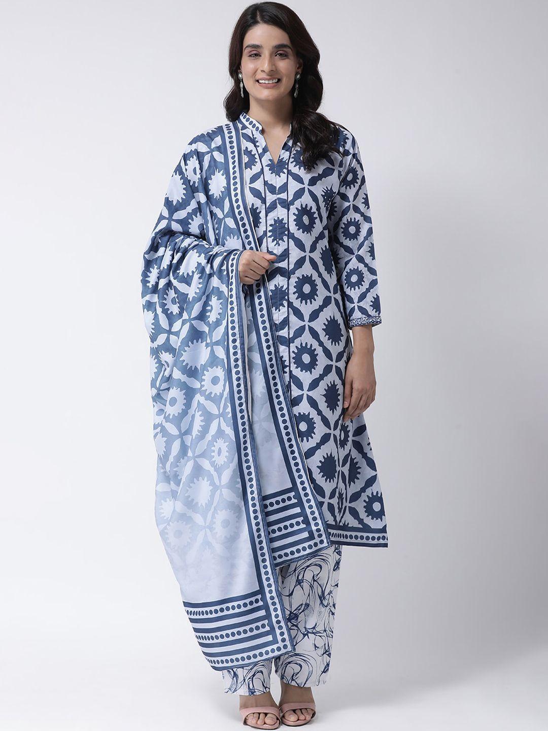 hangup women blue printed kurta with trousers & dupatta