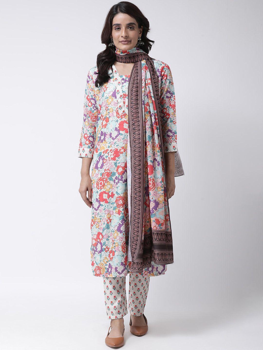 hangup women cream-coloured printed kurta with trousers & dupatta