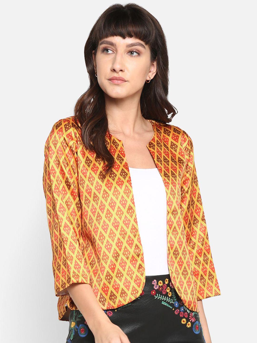 hangup women mustard yellow & red printed lightweight jacquard open front jacket