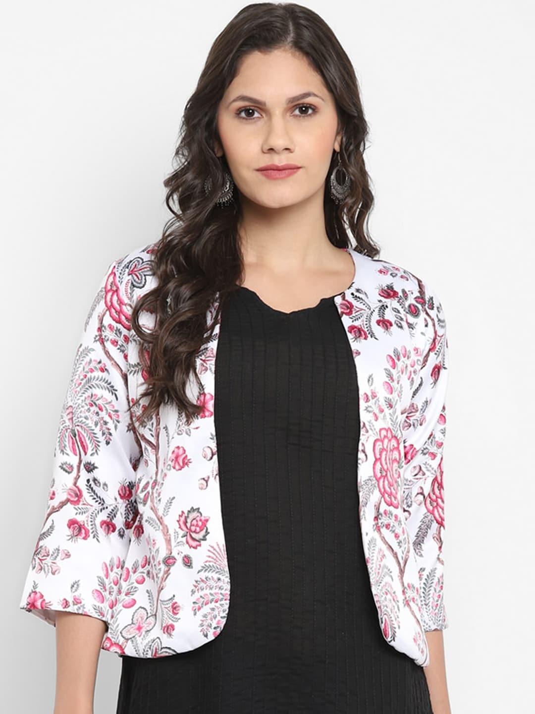 hangup women white & pink printed lightweight jacquard open front jacket