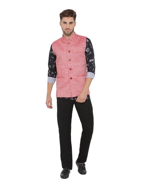 hangup black & red linen regular fit printed kurta bottom & jacket set