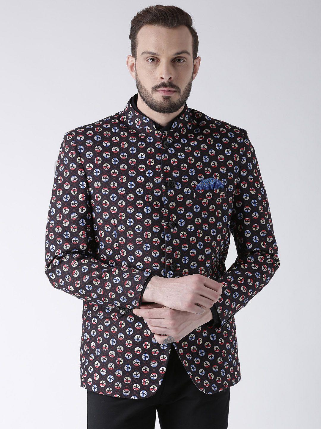 hangup black printed slim fit bandhgala blazer