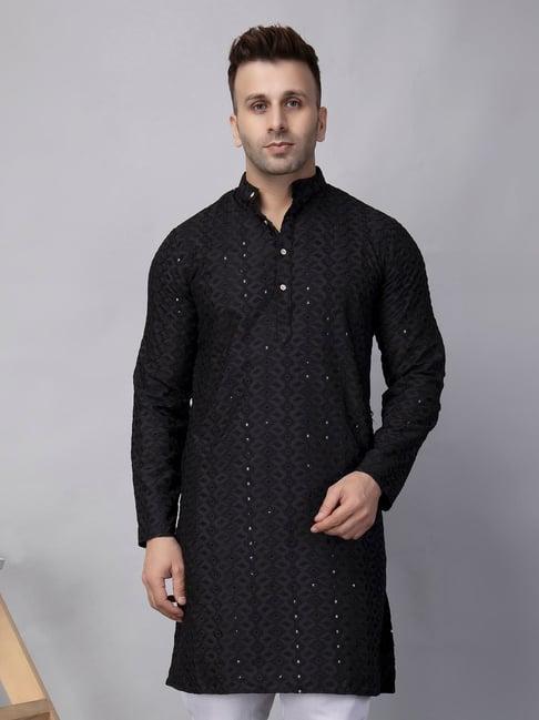 hangup black regular fit embroidered kurta