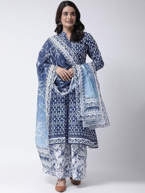 hangup blue & white printed kurta palazzo set with dupatta