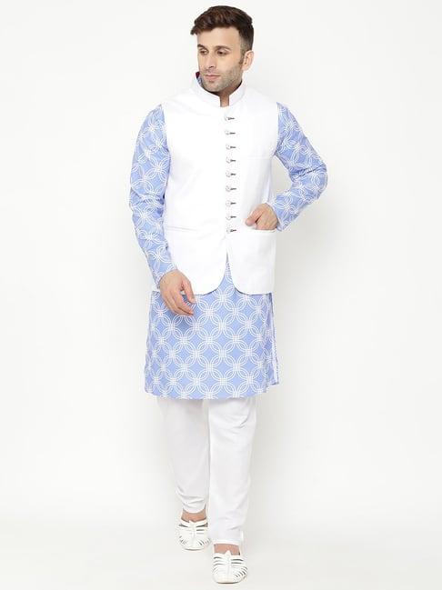 hangup blue & white regular fit printed kurta bottom & jacket set