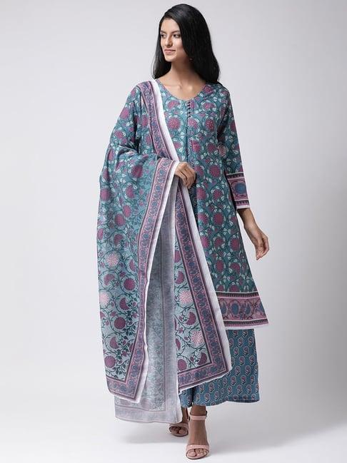 hangup blue printed kurta palazzo set with dupatta