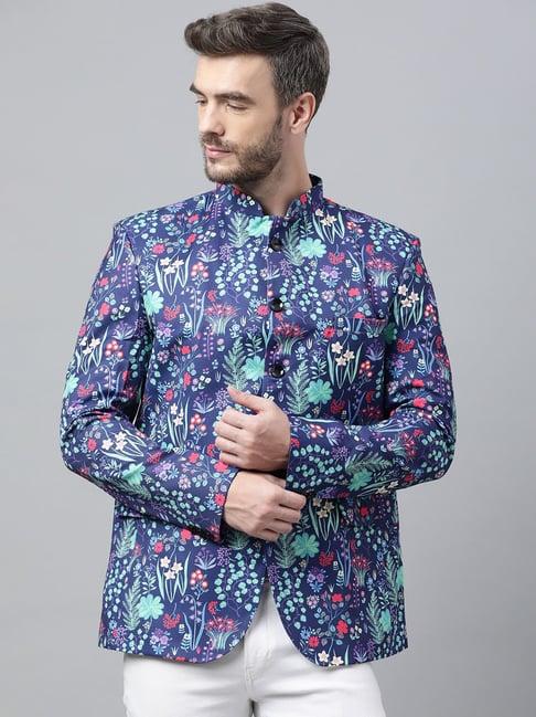 hangup blue regular fit floral print blazer