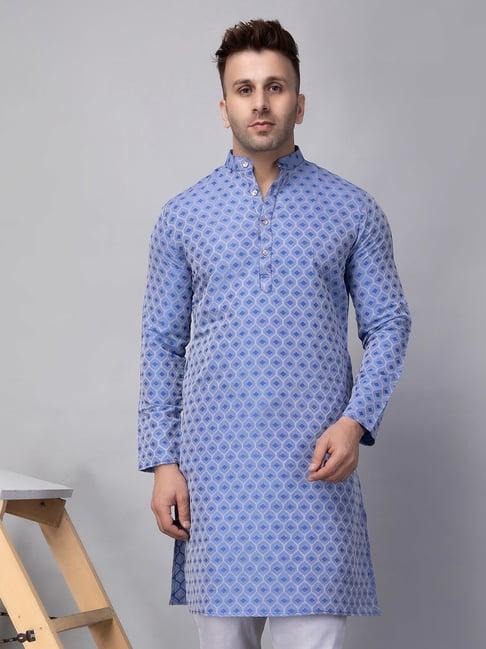 hangup blue regular fit jacquard mandarin collar kurta