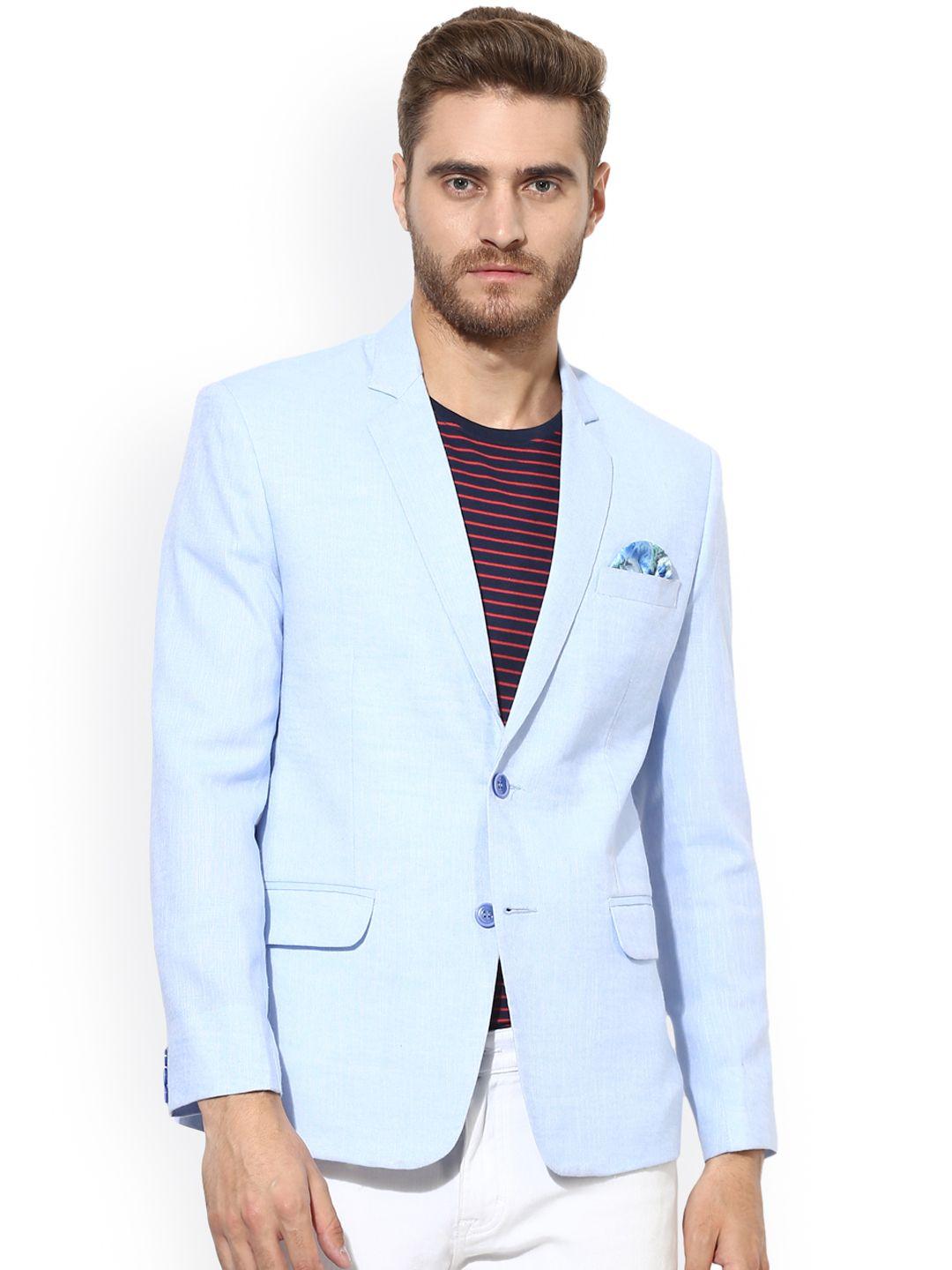 hangup blue solid single breasted casual linen blazer