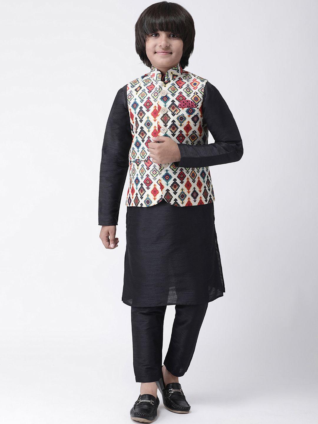 hangup boys black printed kurta with pyjamas & nehru jacket