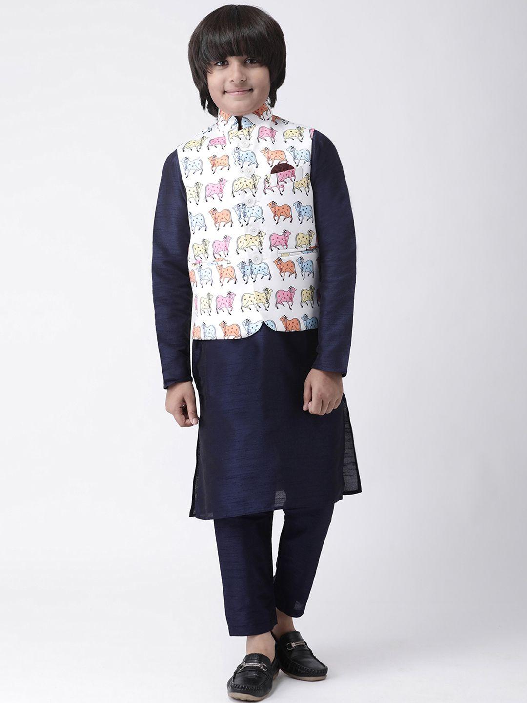 hangup boys navy blue solid kurta with pyjamas & printed nehru jacket