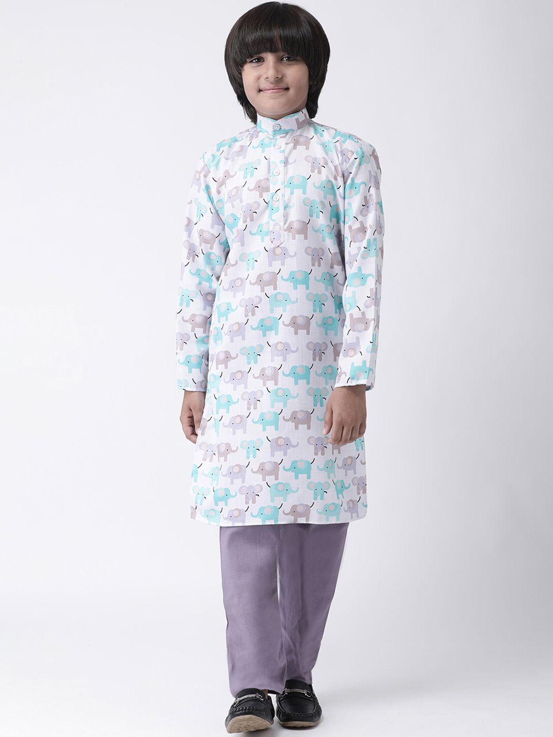 hangup boys white & blue printed kurta with pyjamas