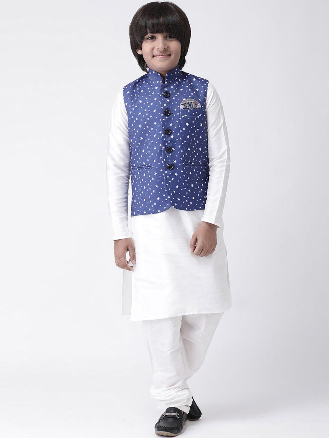 hangup boys white & blue solid kurta with churidar with jacket