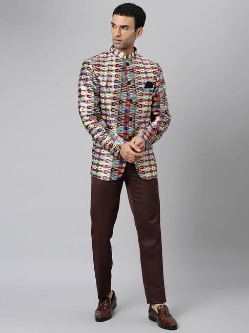 hangup brown full sleeves mandarin collar suit