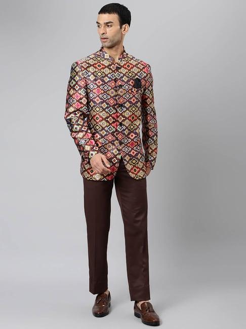 hangup brown mandarin collar full sleeves suit