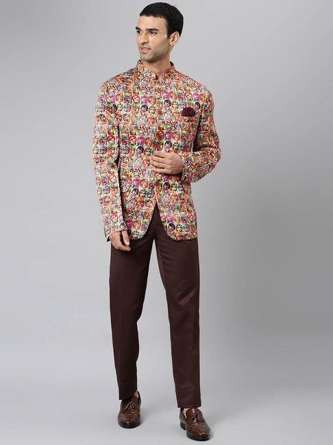 hangup brown printed full sleeves suit