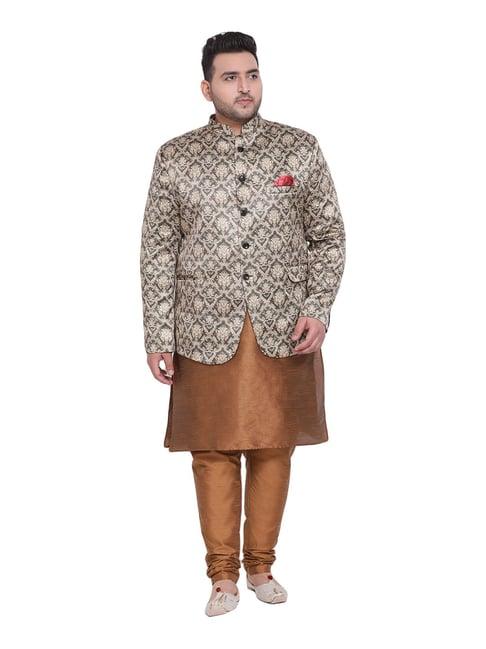 hangup brown regular fit printed kurta bottom & jacket set