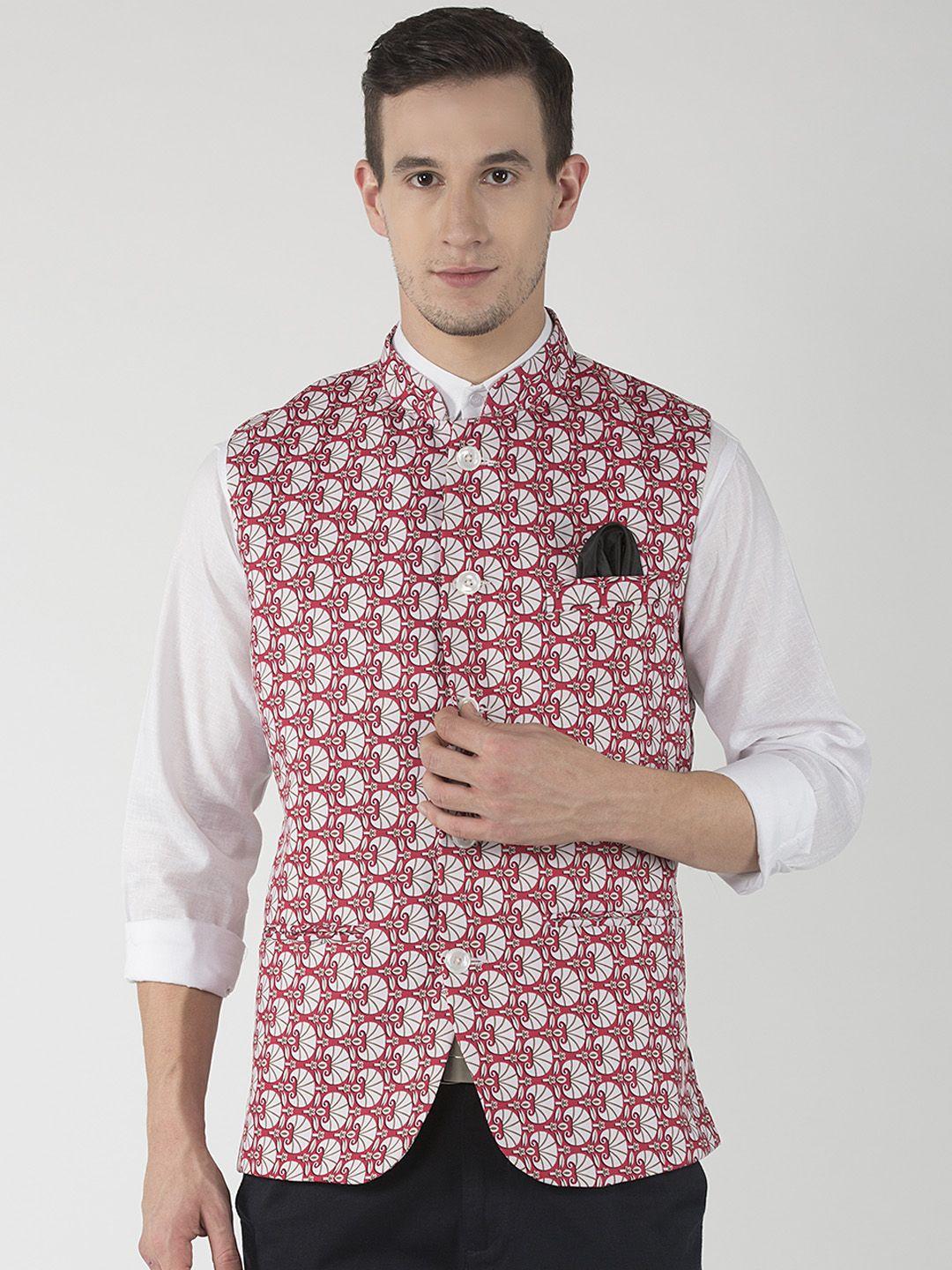 hangup coral red & cream printed nehru jacket