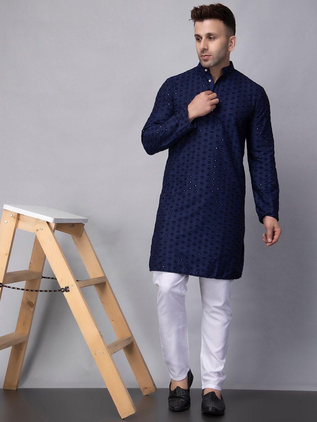 hangup embroidered checked regular sequins mandarin collar straight kurta