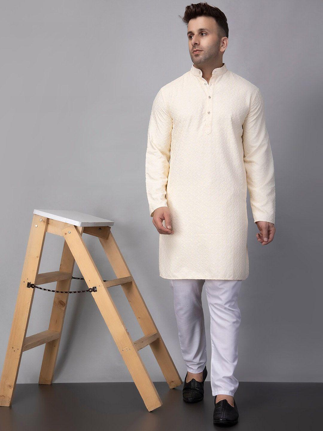 hangup embroidered chifley mandarin collar regular kurta with pyjamas