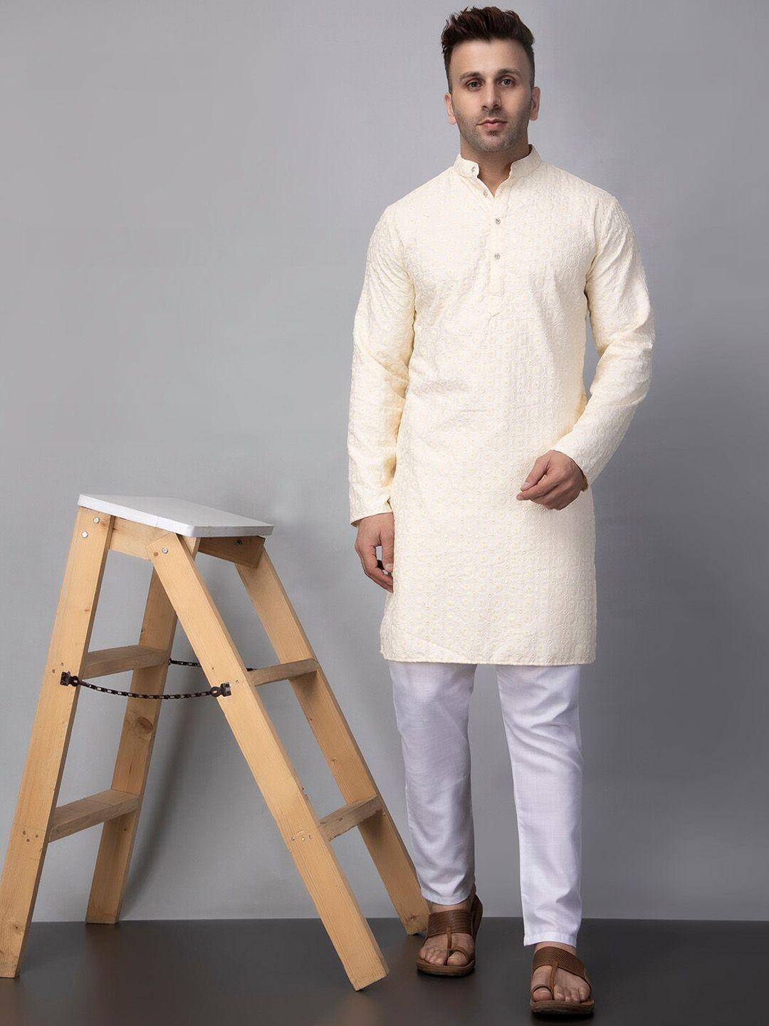 hangup embroidered ethnic motif thread work mandarin collar straight kurta & pyjamas